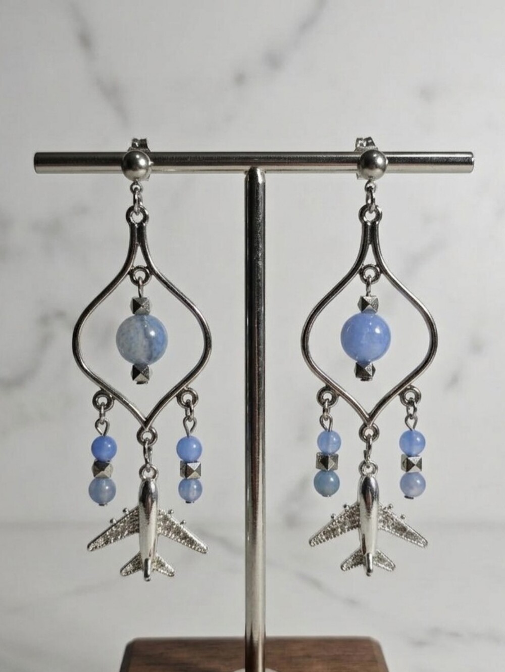 Boho Silver Airplane & Blue Agate Bead Dangle Earrings Hypoallergenic